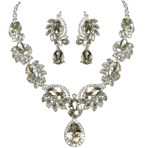 Women Jewelry Set Rhinestone Crystal Bride Statement Choker Necklace Teardrop Cluster Dangle Earrings Set for Wedding Prom Party - color: Silver