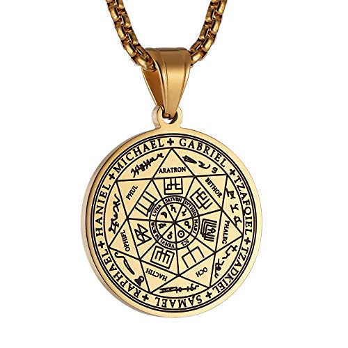 HZMAN Vintage Stainless Steel The Seal of The Seven Archangels Pendant Necklaces 22+2“ Chain - color: Gold
