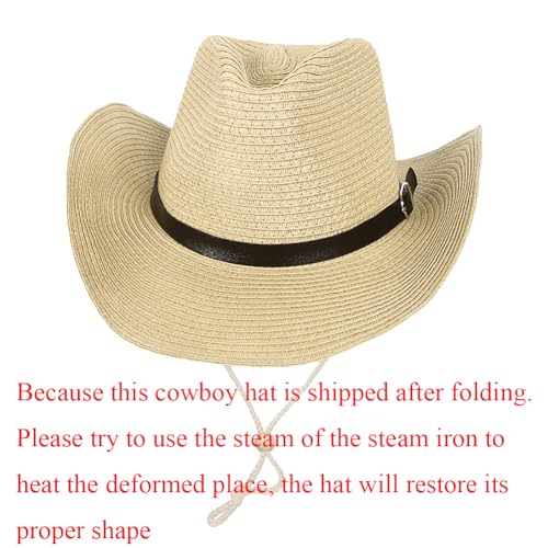 Wide Brim Straw Cowboy Hat for Men Women Western Cowgirl Sun Hat Packable UPF 50+ Beach Cap Shapeable Fedora Panama Cap - color: Beige