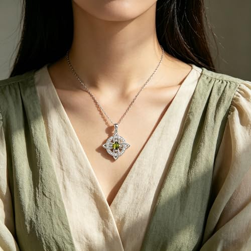 Mystical Birthstone Witches Knot Necklace – Natural Crystal Celtic Pendant, Wiccan Pagan Jewelry Gift for Women - color: August