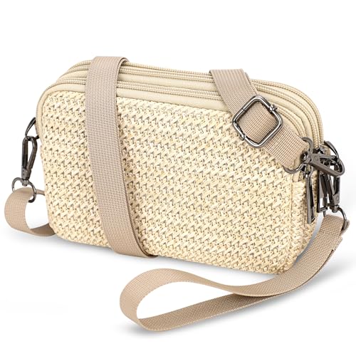 Small Wristlet Wallet for Women, 3-Zip Crossbody Phone Purse - color: Ivory/Pp Straw