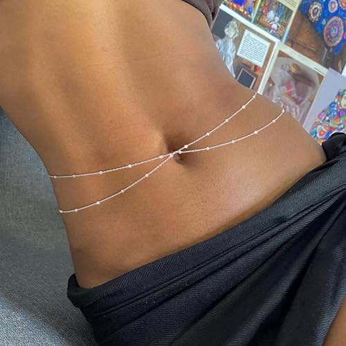 MFRYK 2PCS 14K Gold Plated Waist Chain Layered Pearl Cuban Beaded Satellite Figaro Belly Body Chain Boho Beach Waist Chains For Women Adjustable Waterproof Sexy Bikini Body Chain Jewelry For Women - style: Bead Double Layered-Silver