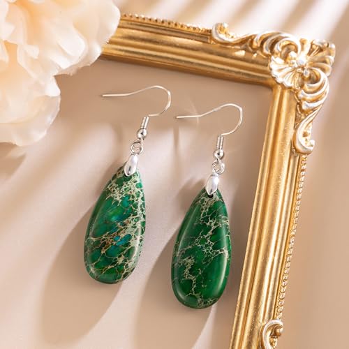 Stone Drop Earrings for Women Earrings Teardrop Jasper Stone Dangle Earrings - color: Green-Silvery Hook