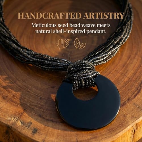 Coiris Multi Strand Statement Colorful Beaded Necklace with Big Circle Shell Pendant for Women - color: Black