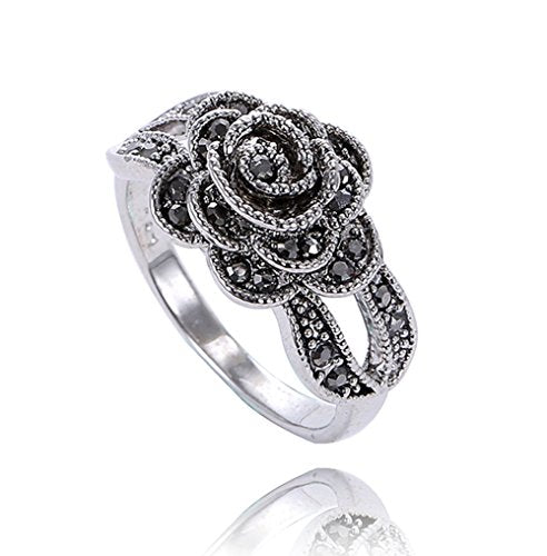 Women's Black Rings Vintage Rings Statement Rings for Women Band Marcasite Crystal Rings for Women - color: Siler3