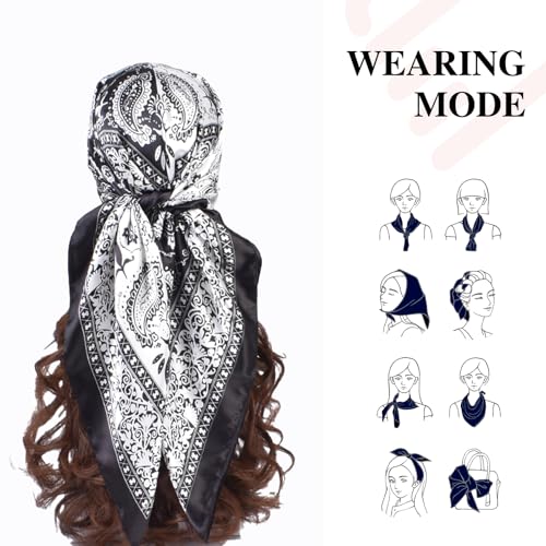 35 x 35 Women's Fashion Pattern Large Square Silk Like Hair Scarf Head Sleeping Wrap Satin Neck Bandana for Gift… - color: Double Cashew Nuts-black