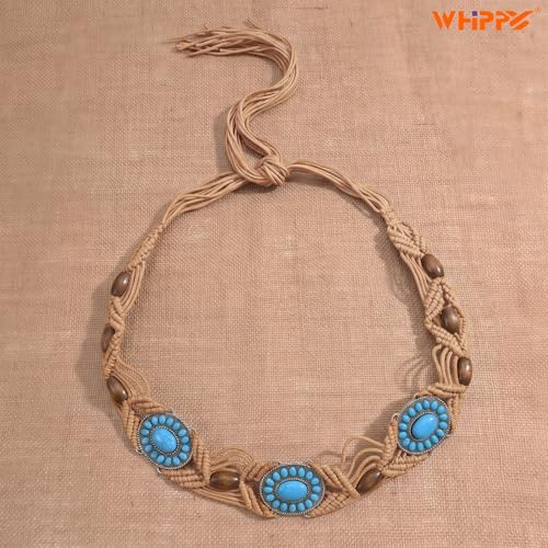 WHIPPY Boho Turquoise Belt for Women Wax Rope Braided Waist Belt Western Hand-Woven Bead Tassel Belts for Dress, 2” Wide - color: Khaki