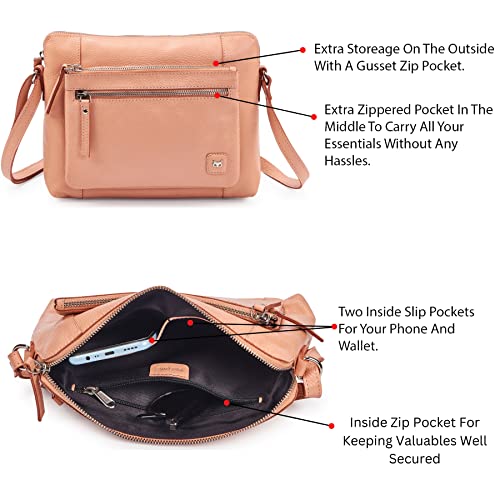 Leather Crossbody Bags for Women Small Soft Genuine Pebbled Sling Shoulder Handbag Crossover Purse with Full Adjustable Strap (Peach Nappa) - color: Peach Nappa