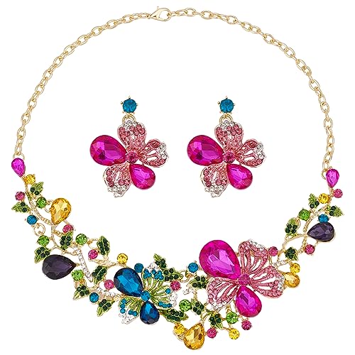 SUPERFINDINGS 2Pcs Crystal Flower Necklace Earrings Set Wedding Brides Jewelry Sets Rhinestone Bib Statement Necklace Fashion Flower Dangle Stud Earrings Prom Party Jewelry for Woman