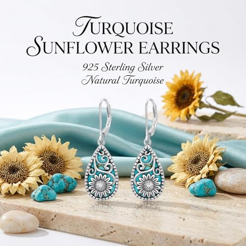 Natural Turquoise Earrings for Women Dangling 925 Sterling Silver Dangle Earrings Western Jewelry Christmas Gift for Sister Mother - style: H-Sunflower Earrings