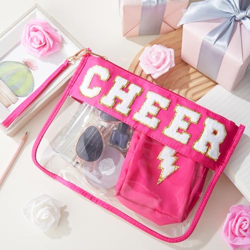 Hillban 2 Pcs Cheer Makeup Cosmetic Bag Cheerleader Team Gifts Clear Zipper Toiletry Pouch for Travel Chenille Letter Bag Pink Preppy Patch Purse PVC Waterproof Cheer Stuff Accessories for Women Girl - style: Cheer Theme