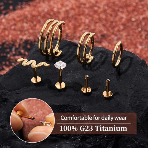 G23 Titanium 3PCS/7PCS 16G Cartilage Double-Hoop Helix Conch Piercing Jewelry With Cubic Zirconia Flat Back Stud Earrings Set For Women Men - color: B-7PCS-Gold-16G