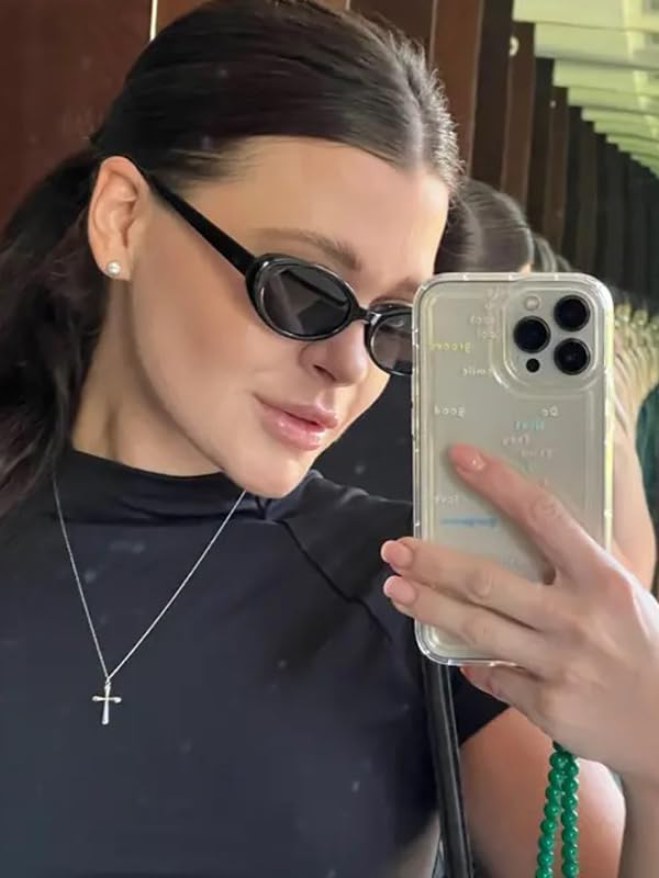 90s Sunglasses for Women Men Retro Small Oval Sunglasses - color: Black/Grey+hot Pink/Grey