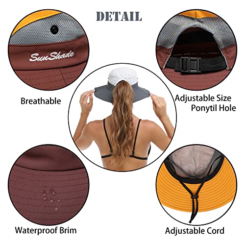 Womens Summer Sun Hat Beach Hat Wide Brim Outdoor UV Protection Hat Foldable Cool Mesh Ponytail Bucket Hat - color: Yellow-brown