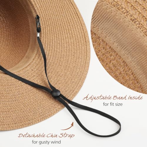 Sun Hats for Women, Straw Hats UPF 50+ Sun Protection, Wide Brim Womens Beach Hat for Summer Travel - color: Khaki - Shell