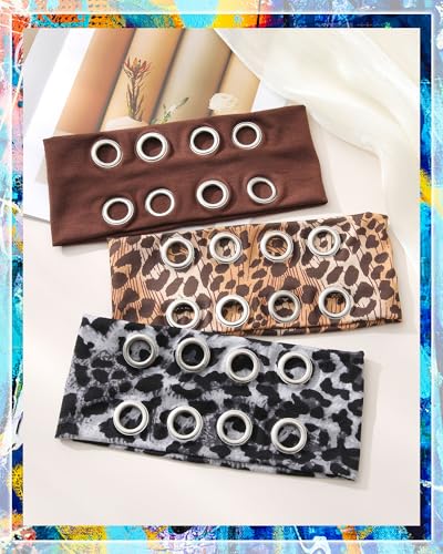 AWAYTR Women Hollow Out Eyelet Elastic Headband Y2K Wide Grommet Hairband Punk Grunge Wide Band for Girls (Deep Coffee/2 Leopard print, One size) - color: Deep Coffee/2 Leopard print
