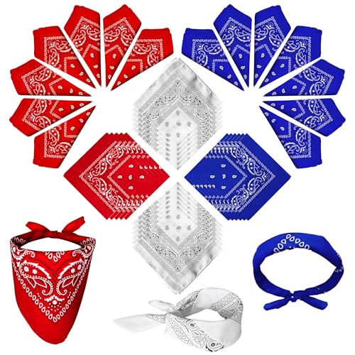 ILHSTY 60 Pcs Women Men Paisley Bandanas Bulk Unisex Bandanas Head Cowboy Scarf Necktie handkerchief Party Supplies - color: Red White Royal Blue