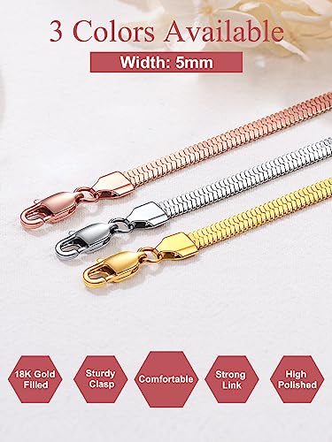 FOCALOOK 14K Gold Plated Necklaces for Women, Fashion Herringbone Choker Necklace Stainless Steel Flat Snake Chain 3/5MM(W) 12.5"/15"/18"+3.5"(L) - color: 5MM-Silver-18"