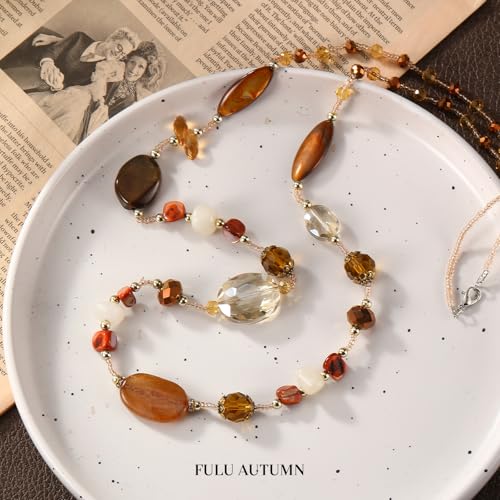 FULU AUTUMN Long Necklaces for Women Trendy Long Chunky Beaded Necklace Boho Fashion Costume Jewelry Mothers Day Gifts for Her - color: Brown