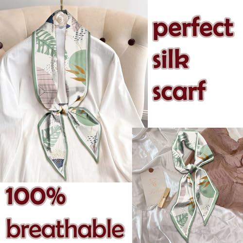 Hair Head Scarf Silk Feeling Long Satin Neck Satin Scarves for Handbag Cute Aesthetic Decoration Women Girls 59 * 6.7” - color: Y20-leaf