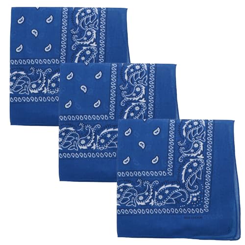 Motique Accessories Set of 3 Paisley Bandanas – 100% Cotton 22 Inch Head Scarf Neck Bandana Face Cover - color: Royal Blue