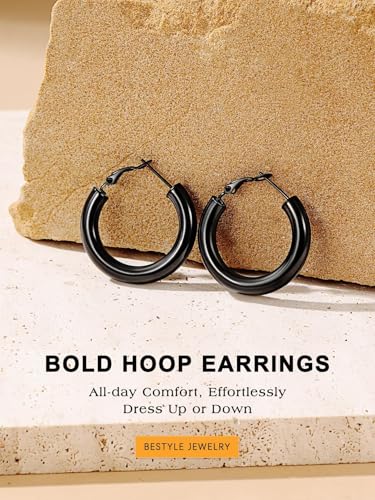 Bestyle 5mm Thick Gold Hoop Earrings Hypoallergenic Hoops for Sensitive Ears Trendy Lightweight Chunky Earrings for Women 30/40/60/80mm - color: 01-Black, size: 30mm