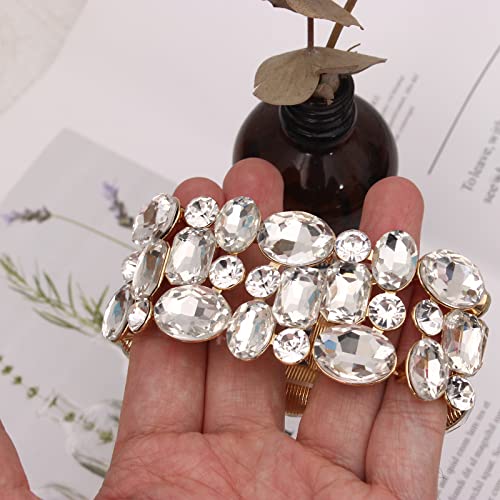Women’s Wedding Bridal Crystal Leaf Flower Stretch Bangle Elastic Wide Bracelet Jewelry for Brides Bridesmaid - color: White-Gold Plated