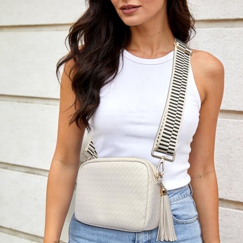 Woven Crossbody Bag Small Crossbody Bags for Women Leather Purse Trendy Boho Shoulder Bag for Women - color: White
