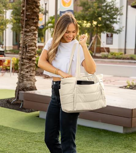 Tote Bag for Women with Zipper, Quilted Puffer Tote Bag with Compartments, Lightweight Puffy Work Bags for Women Travel - color: Beige