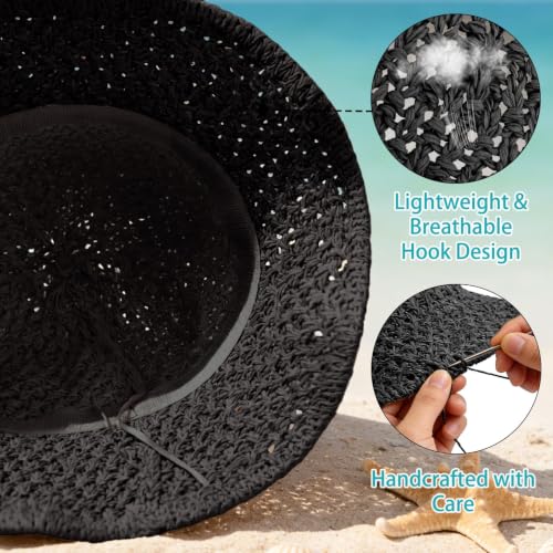 Sun Hat for Women Beach Hat Straw Bucket Hat Summer UV Protection, Packable Breathable Crochet Style - color: 1pack-black