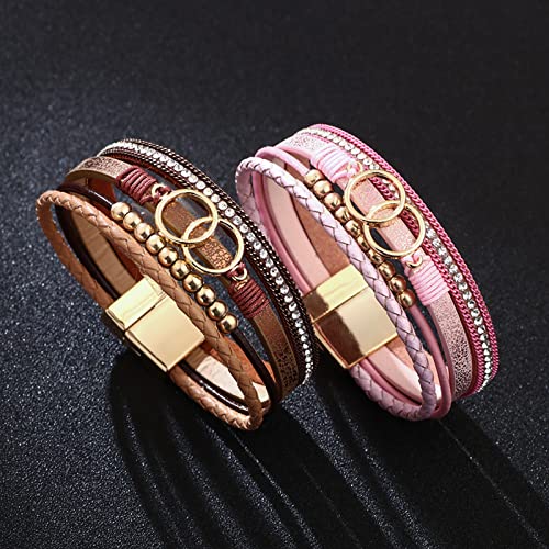Long tiantian Leather Bracelets for Women Men Heart Wrap Bracelets Western Jewelry Cowgirl Outfits Birthday Gifts for Her - color: E4:pink leather wrap bracelet