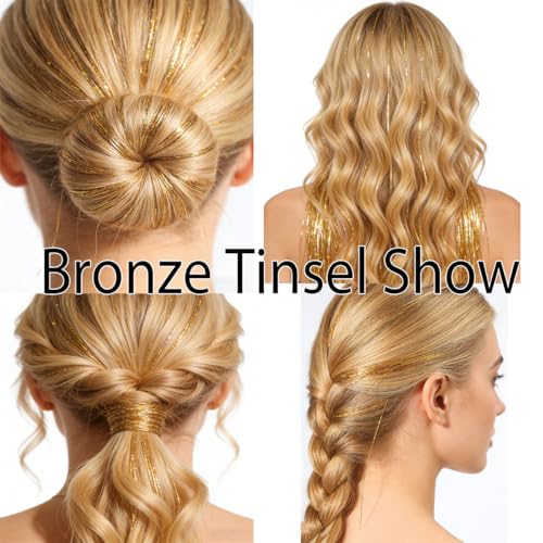 Celinebella Bronze Gold Hair Tinsel, 48" 5 Bundles 1250 Strands Fairy Hair | Shimmering bronze copper metallic strands, lightweight, heat safe to 320°F, ideal for Christmas holiday & daily wear - color: 15-Bronze Gleam, size: 48 Inch Pack of 5Pcs