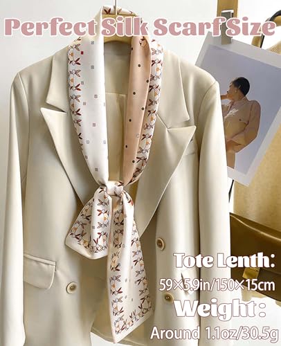 kcctoo 59” Long Silk Like Head Scarf Women's Fashion Square Neck Satin Scarfs for Bag Hair Scarves Gift 59 * 5.9” - color: G2 Cute Rabbit Beige 59" X 5.9"