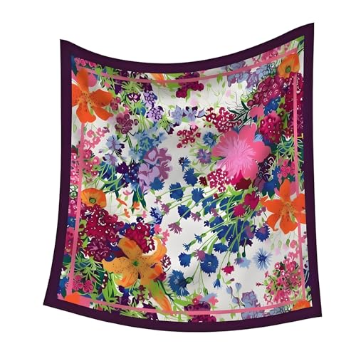 Premium Floral Scarf for Women 35x35 Square Silk Feel-Lightweight Scarves Headscarf Bandanas Wrapping Handbag - color: Wildflower Meadow (White/Purple)