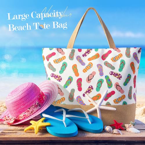 Trifabricy Beach Bag for Women, Large Beach Tote Bags with Zipper, Woven Straw Tote Waterproof, Swim Gym Shopping Travel Bag - color: Slippers