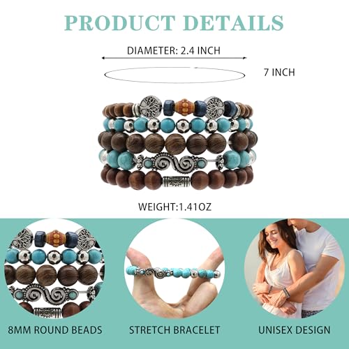 5pcs Wooden Bead Bracelet Set with Charm and Tassel for Men & Women - Stackable Boho Bracelets, Amber Color Scheme Adjustable Bracelet - color: Brown and Light Blue
