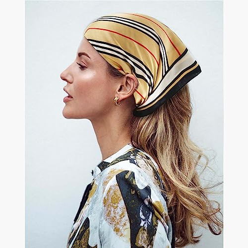 Ciormis 100% Mulberry Silk Scarf-Women's 21''/27''Square Silk Hair Head Scarf Neckerchief with Gift Packaged - color: 21''x 21''-style 01-khaki Stripe