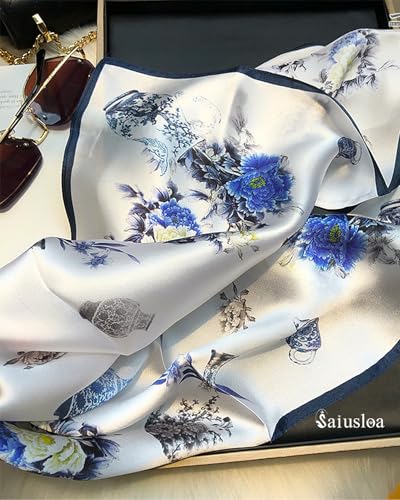 Saiusloa Neck Scarf For Womens Silky Head Scarves Hair Bandanas Square Scarf Fashion Accessories lightweight - color: 18-cyan Bellflower