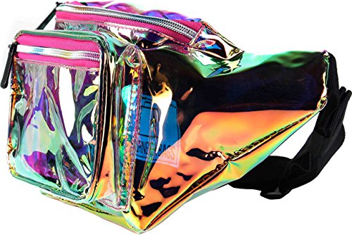Holographic Clear Fanny Pack Belt Bag | Waterproof fanny pack for Women - Crossbody Bum Waist For Halloween costumes, Hiking, Running, Travel and Stadium Approved (Pink) - color: Pink & Gold / Transparent Holographic