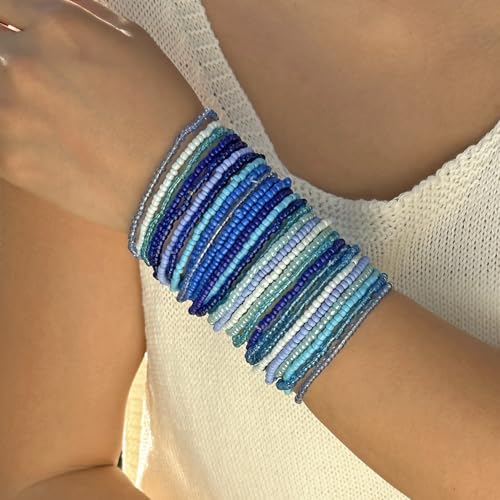 30Pcs Elastic Beaded Bracelets Set Bohemia Multilayer Stackable Seed Beaded Stretch Bracelet Anket Colorful Crystal Glass Beads Wristbands for Women Summer Beach Boho Jewelry Gifts - color: Blue