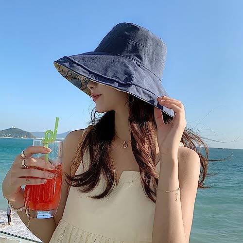 HUAMULAN Women Summer Sun Hat Wide Brim Wired Edge Floral Beach Bucket Hats Reversible Foldable Travel UV Protection Lady Hat - color: M1744-navy