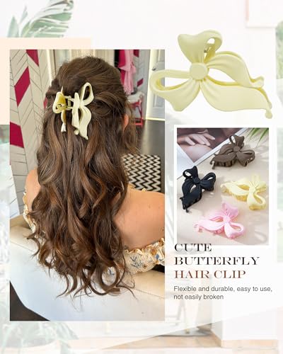4 PCS Bow Hair Clips Bow Claw Clip for Women, Large Hair Claw Clips for Thin Thick Long Hair Cute Nonslip Bows (Black+Light Brown+Off-White+Light Pink) - color: Black+Light Brown+Off-White+Light Pink