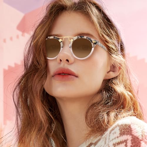 CARFIA Double Bridge Small Acetate Sunglasses for Women Polarized, Retro Metal Brow Ladies Sunnies Fashion Round Eyewears - color: 2. Pink White Tortoise Frame Gradient Brown Lens
