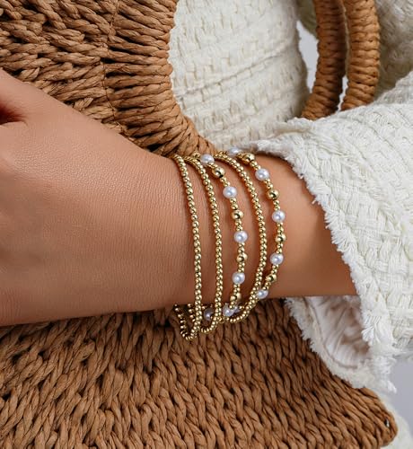 Gold Beaded Bracelets for Women, 14K Real Gold Plated Jewelry for Women Dainty Pearl Bead Bracelets Stack, Non Tarnish Trendy Stackable Ball Cross Stretch Bracelet Set Fashion Accessories Gifts - color: Gold pearl small bead