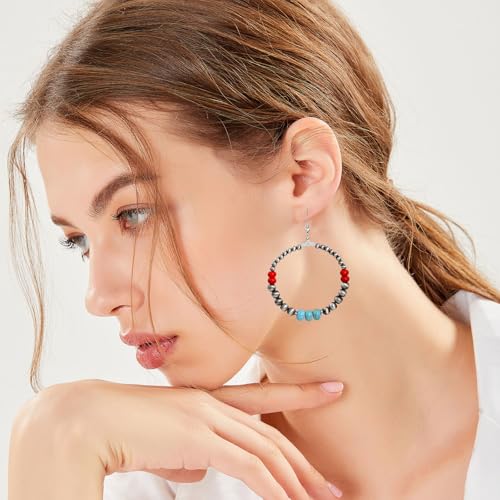 4 PCS Western Turquoise Jewelry for Women Boho Vintage Navajo Pearl Necklace Earring Bracelet Ring Set Country Cowgirl Accessories for Gift - color: D-Blue（No Ring）