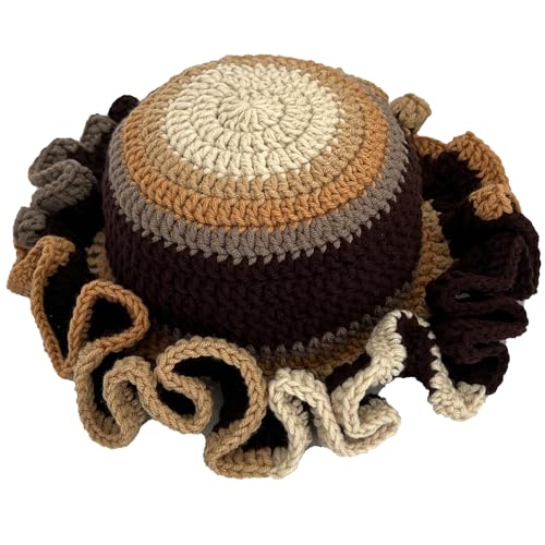 Handmade Crochet Bucket Hat for Women Boho Chic Slouchy Design Colorblock Ruffled Brim Festival&Daily Crochet Hat - color: Khaki Coffee Grey