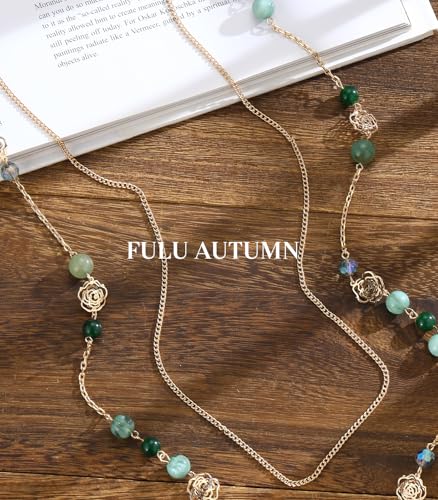 FULU AUTUMN Boho Gold Long Necklaces for Women Natural Stone Beaded Layered Long Necklace Mothers Day Gifts Dainty Flower Costume Jewelry for Women - color: Jade Green