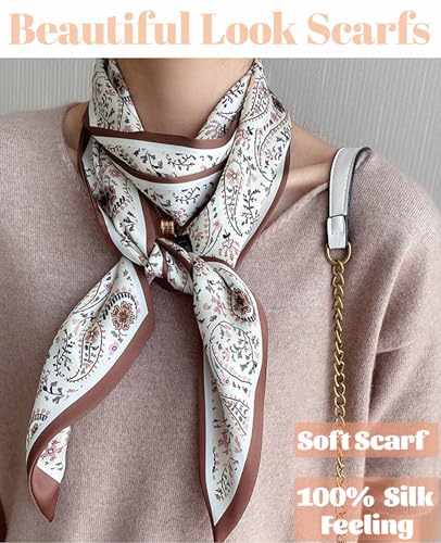 kcctoo 59” Long Silk Like Head Scarf Women's Fashion Square Neck Satin Scarfs for Bag Hair Scarves Gift 59 * 5.9” - color: D1 Coffee Flower Drop Shaped 59" X 5.9"