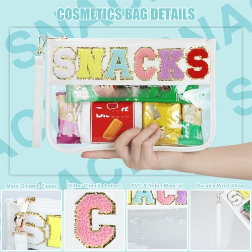 BuyCard Clear White Snack Bag for Travel, Varsity Chenille Letter Patch Flat Cosmetics Pouch with Zipper, Preppy Snacks Makeup Bags, Waterproof PVC&PU Cosmetic Toiletry Bag for Women Girls - color: White-Snacks