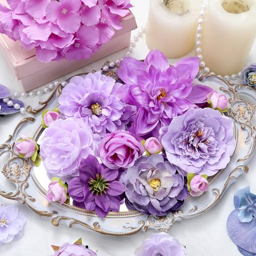 BBTO 21 Pcs Flower Hair Clip Rose Hair Clips Barrettes for Women Flower Accessories Boho Bride Claw Clip Hairpin Brooch Pin Headpiece for Wedding (Purple Series) - color: Purple Series